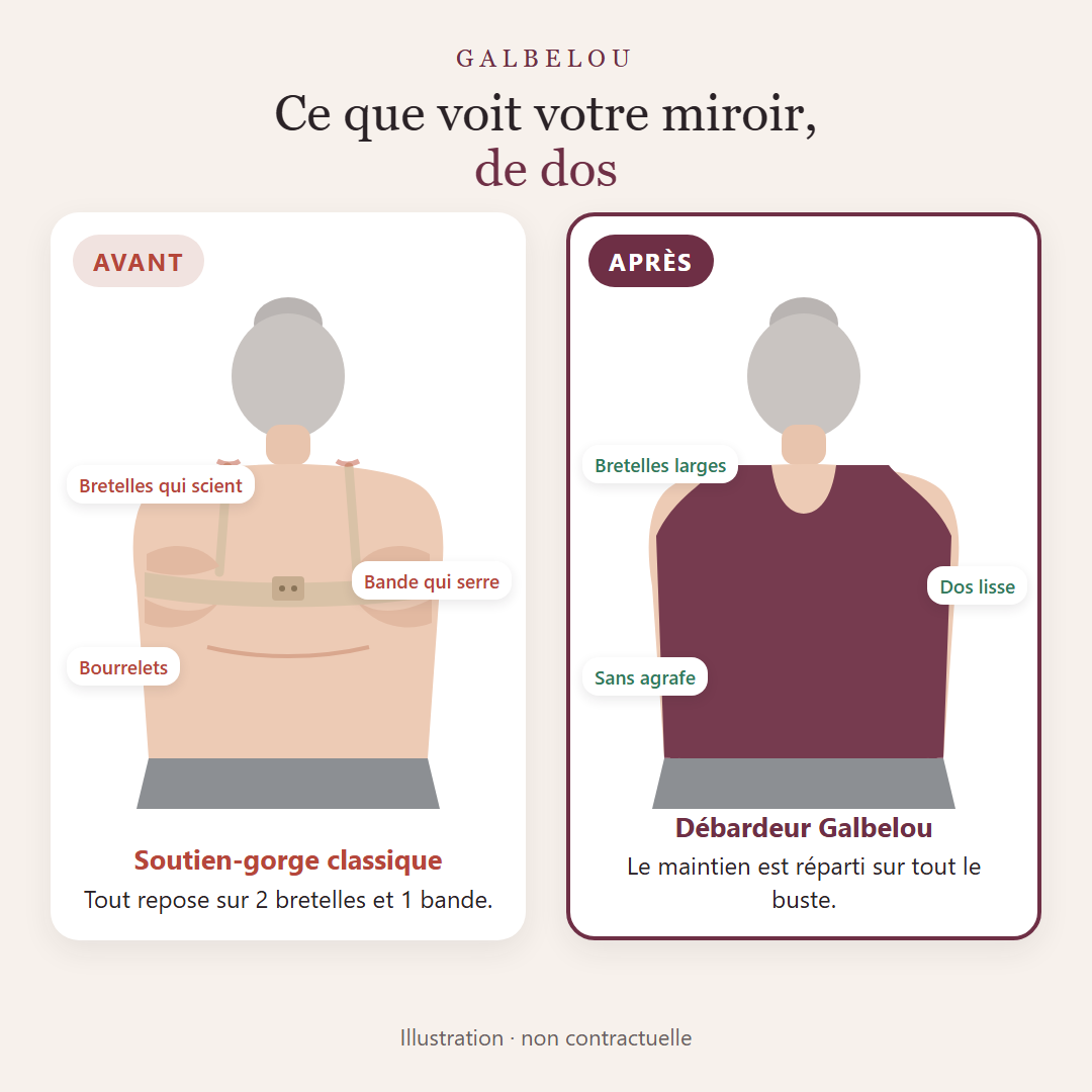 Avant / après de dos : soutien-gorge classique et Débardeur Galbelou (illustration)