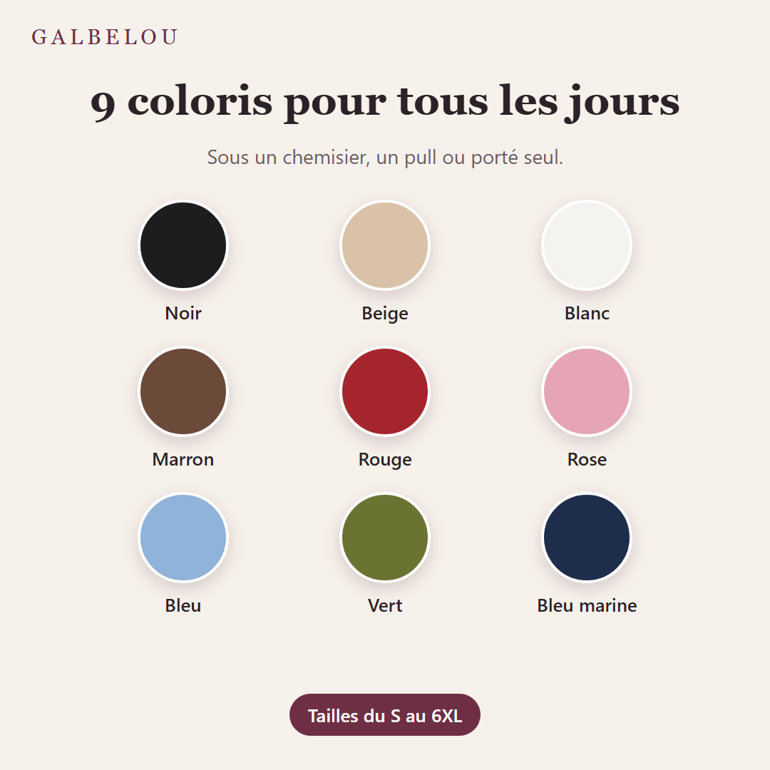 9 coloris disponibles, tailles du S au 6XL